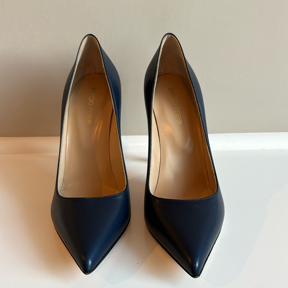 Sergio Rossi Navy Pointed-Toe Leather Pumps